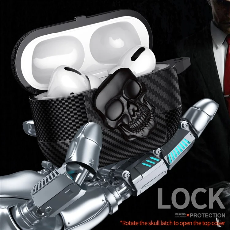 For AirPods 4 Protective Case Skull Design Snap Switch TPU + Metal Earphone Cover with Carabiner - Grey