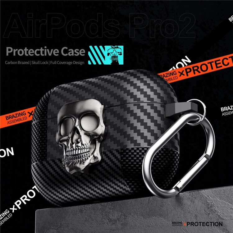 Für AirPods 4 Schützende Hülle Totenkopf-Design Snap Switch TPU + Metall Kopfhörer-Abdeckung mit Karabiner - Schwarz