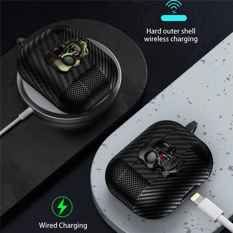 Für AirPods 4 Schützende Hülle Totenkopf-Design Snap Switch TPU + Metall Kopfhörer-Abdeckung mit Karabiner - Schwarz