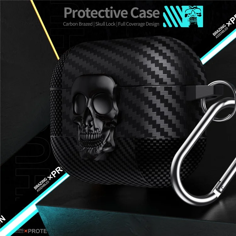 Für AirPods 4 Schützende Hülle Totenkopf-Design Snap Switch TPU + Metall Kopfhörer-Abdeckung mit Karabiner - Schwarz