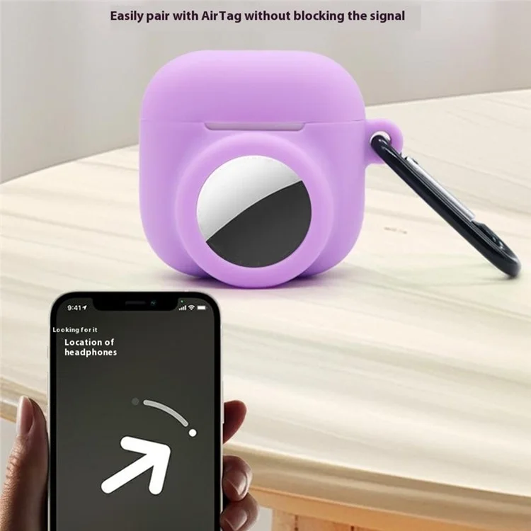 Silicone Case Combo Set for Apple AirPods 4 / AirTag Cover with 2Pcs Earphone Cap and Carabiner - Lavender Purple