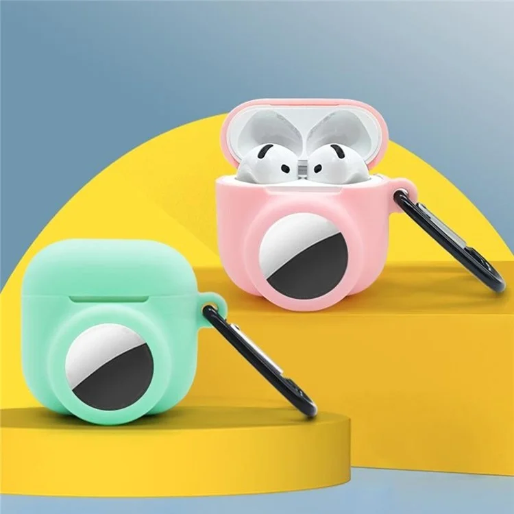 Silicone Case Combo Set for Apple AirPods 4 / AirTag Cover with 2Pcs Earphone Cap and Carabiner - Lavender Purple