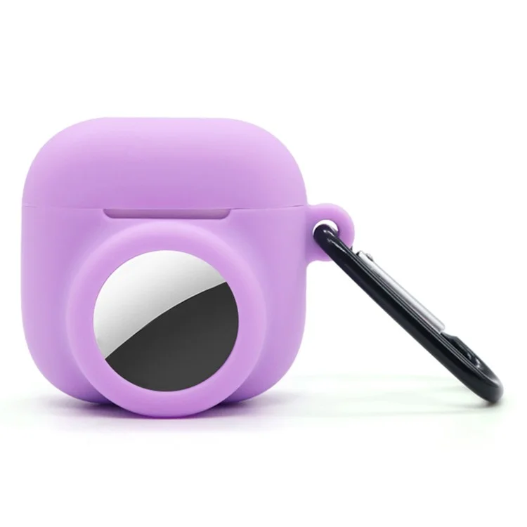 Funda de silicona para AirPods 4 / AirTag, con carcasa protectora y mosquetón, con película frontal y trasera - Púrpura