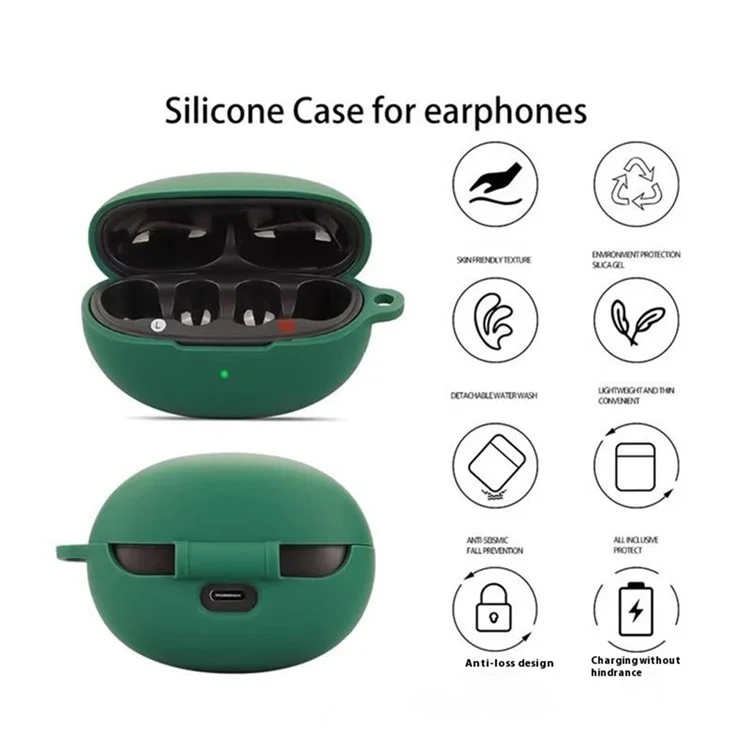 For QCY Crossky C30 Bluetooth-compatible Earphones Case Soft Silicone Cover with Anti-Lost Buckle - Blackish Green