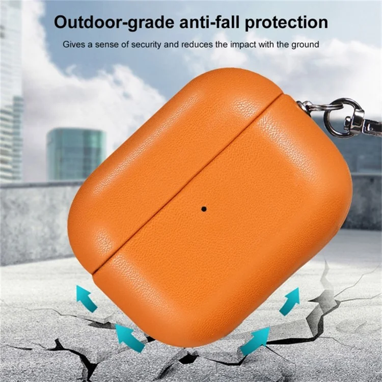 Capa protetora de couro PU + PC brilhante para o estojo dos fones de ouvido AirPods 4 com fivela de suspensão - Marrom dourado