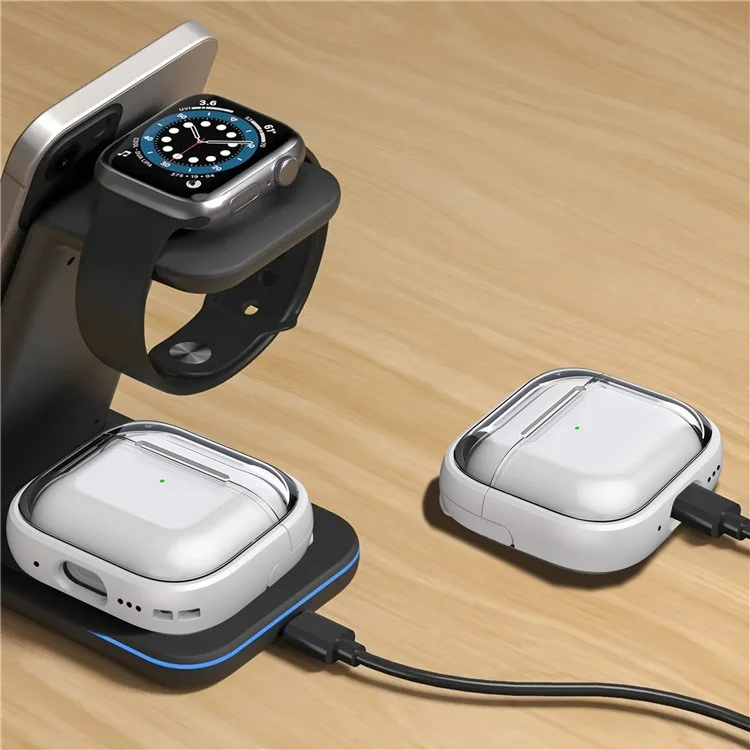 Для чехла AirPods 4 PC+TPU Bluetooth Earbud Cover Phone Stand с карабином - прозрачный белый