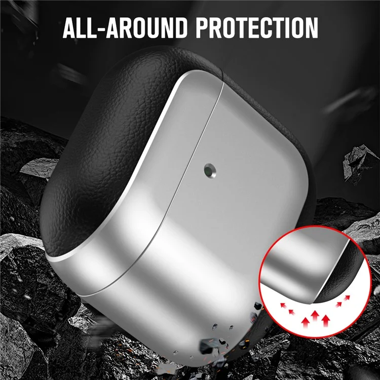 Für AirPods 4 TPU-Hülle Elektroplattierung Litschi-Textur Fallschutz Kopfhörer-Cover mit Schlüsselband - Silber