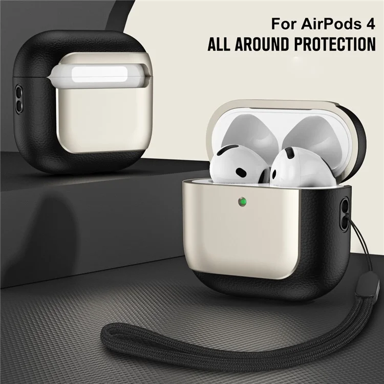 Für AirPods 4 mit ANC TPU-Hülle, Elektroplattierung, Litschi-Textur, Sturzverhütung, Kopfhörerüberzug mit Kordel - Titaniumgrau