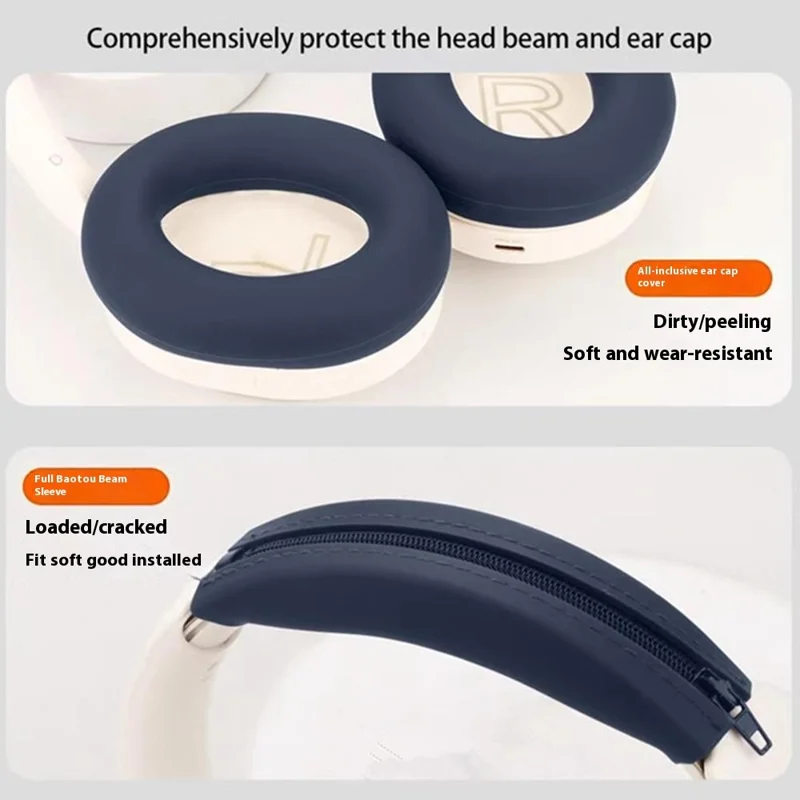 For iKF Solo Headphones Silicone Case Set Earpad Cushion Cover + Headband Protector - Beige