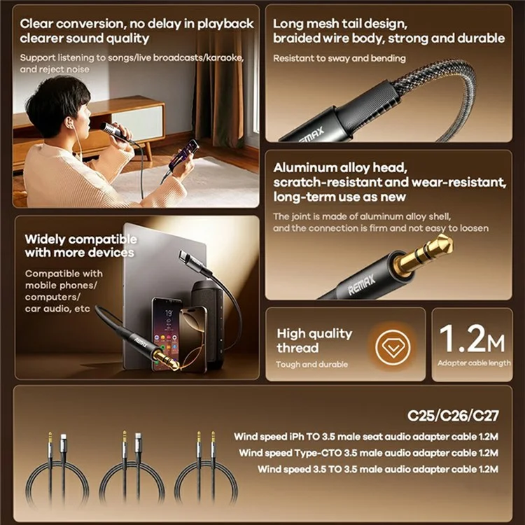 REMAX 1,2 m Typ-C zu 3,5 mm Audio-Adapter-Kabel, Aluminiumlegierung, geflochten