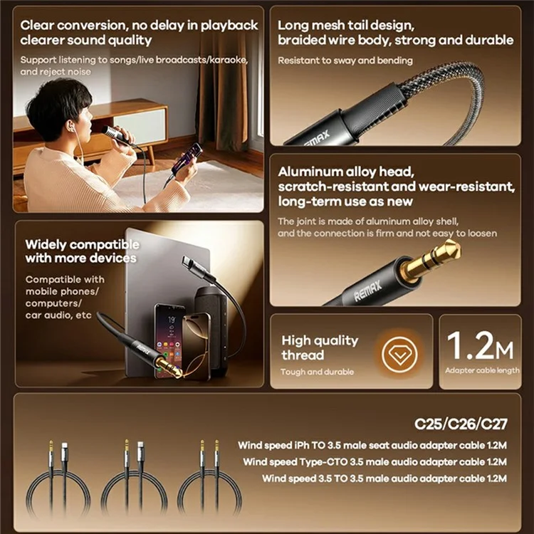 Cabo adaptador REMAX 1,2 m, cabo de áudio de 3,5 mm macho para 3,5 mm macho, liga de alumínio trançado