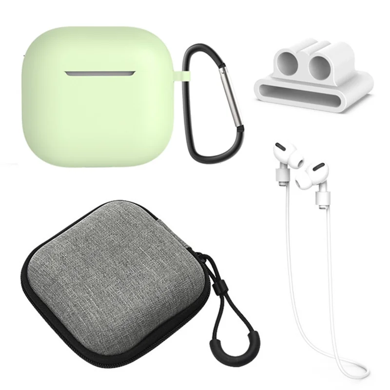 Kit accessori 5 pezzi per AirPods 4 Custodia in silicone + Scatola di stoccaggio + Cinturino per il collo + Supporto per auricolari + Portachiavi - Verde matcha