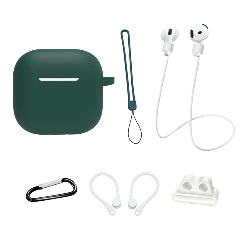 6 in 1 Headset Accessories for AirPods 4 Silicone Case + Carrying Strap + Earphone Holder + Ear Hooks + Neck Strap + Keychain - Midnight Green