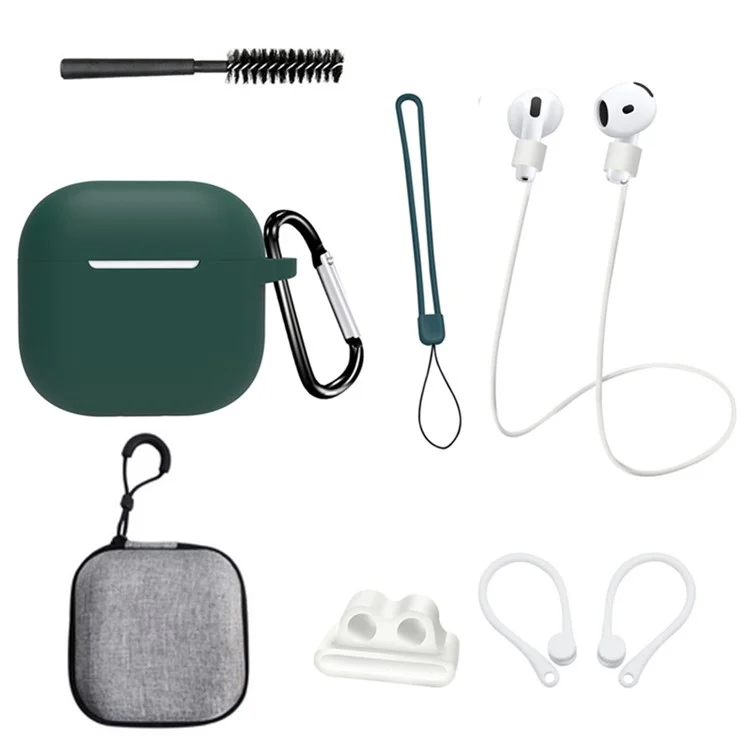 8 Stück / Set für AirPods 4 Schutzhülle Set mit Verlustschutzriemen, Uhrenclip, Ohrhaken, Karabiner, Reinigungsbürste und grauer Tasche - Dunkelgrün