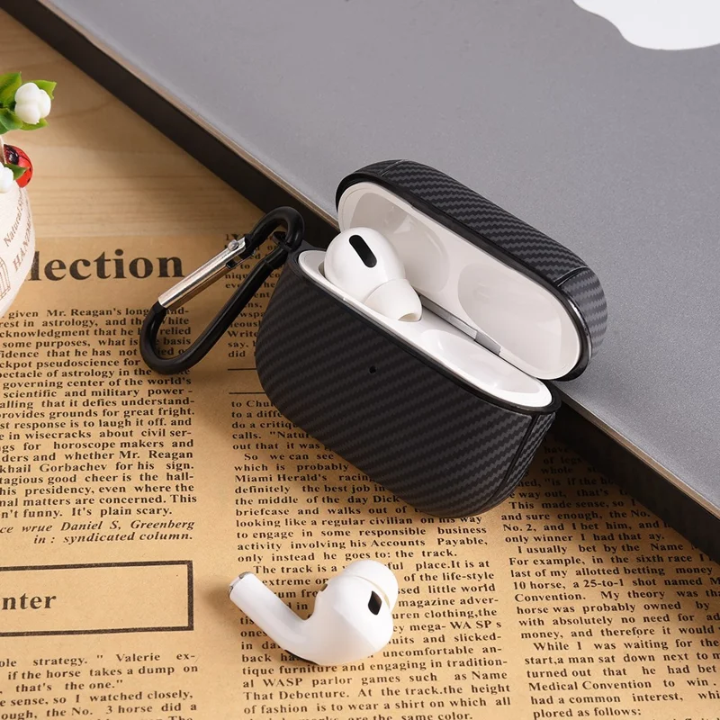 For Apple AirPods 3 Protective Cover Carbon Fiber Texture Earbuds PU Leather PC Hard Case with Hook - Blue