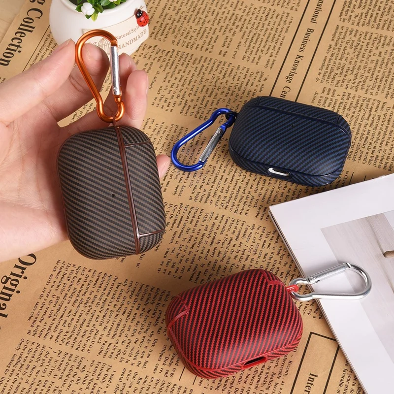 For Apple AirPods 3 Protective Cover Carbon Fiber Texture Earbuds PU Leather PC Hard Case with Hook - Brown