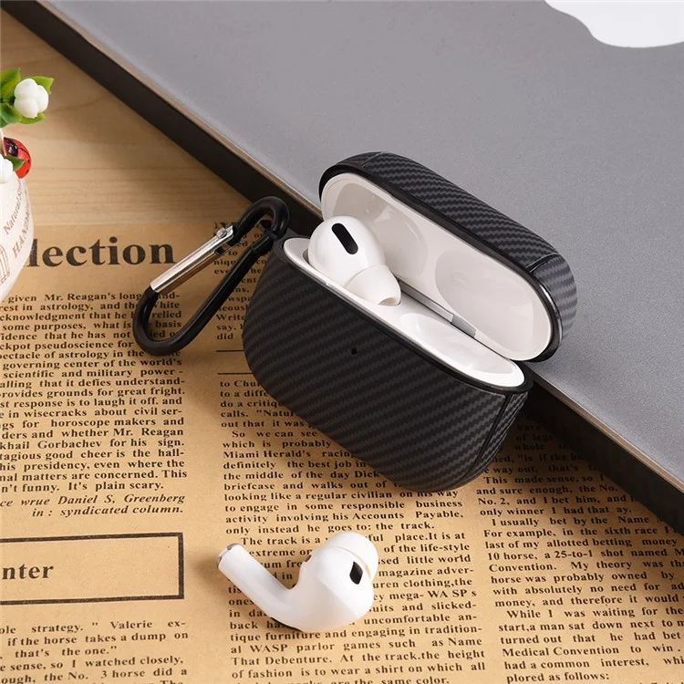 For Apple AirPods Pro Protective Cover Carbon Fiber Texture Earbuds PU Leather PC Hard Case with Hook - Black