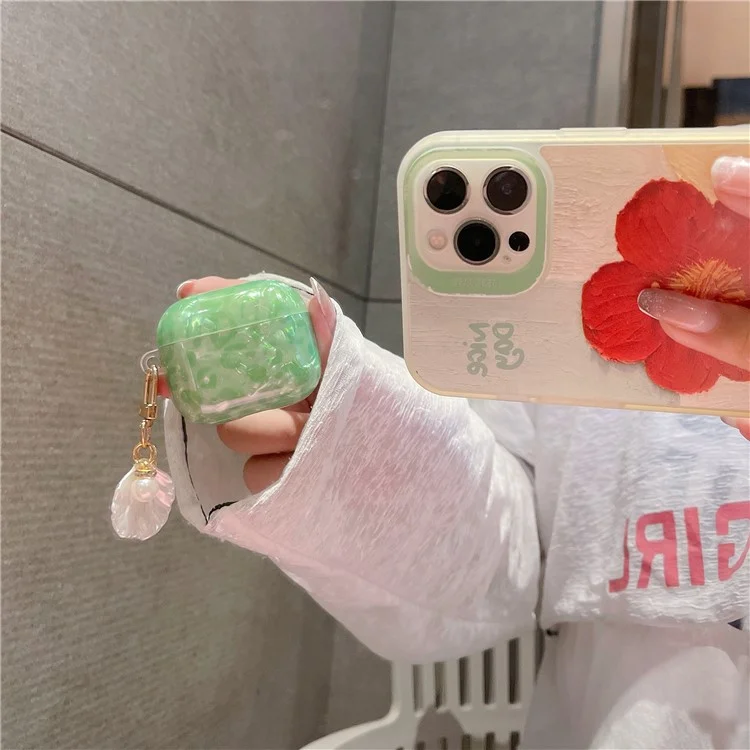 Für AirPods 4 Ohrhörer Gehäuse Schale Muster TPU Abdeckung mit Schalen Anhänger - Grün