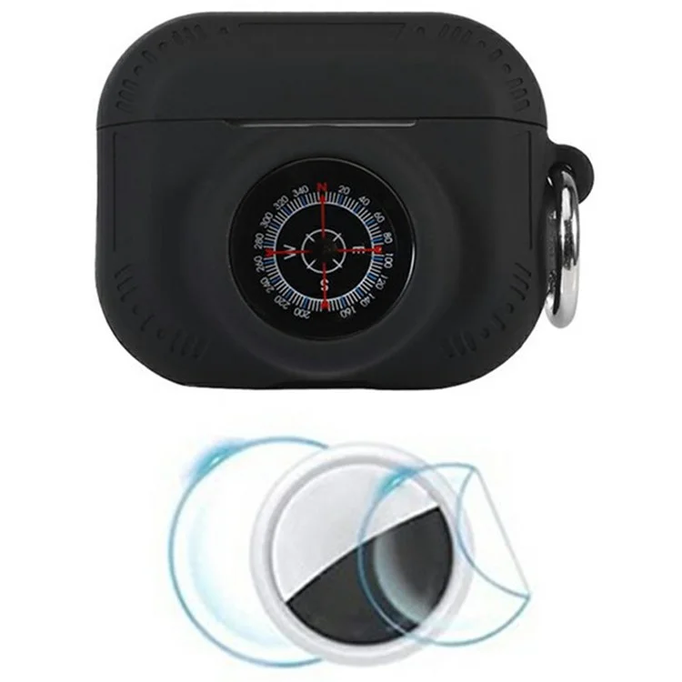 Estuche protector combinado para AirPods 3 / AirTag con diseño de brújula, cubierta de silicona y películas frontales y traseras - Negro