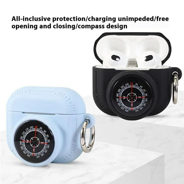 Estuche protector combinado para AirPods 3 / AirTag con diseño de brújula, cubierta de silicona y películas frontales y traseras - Negro