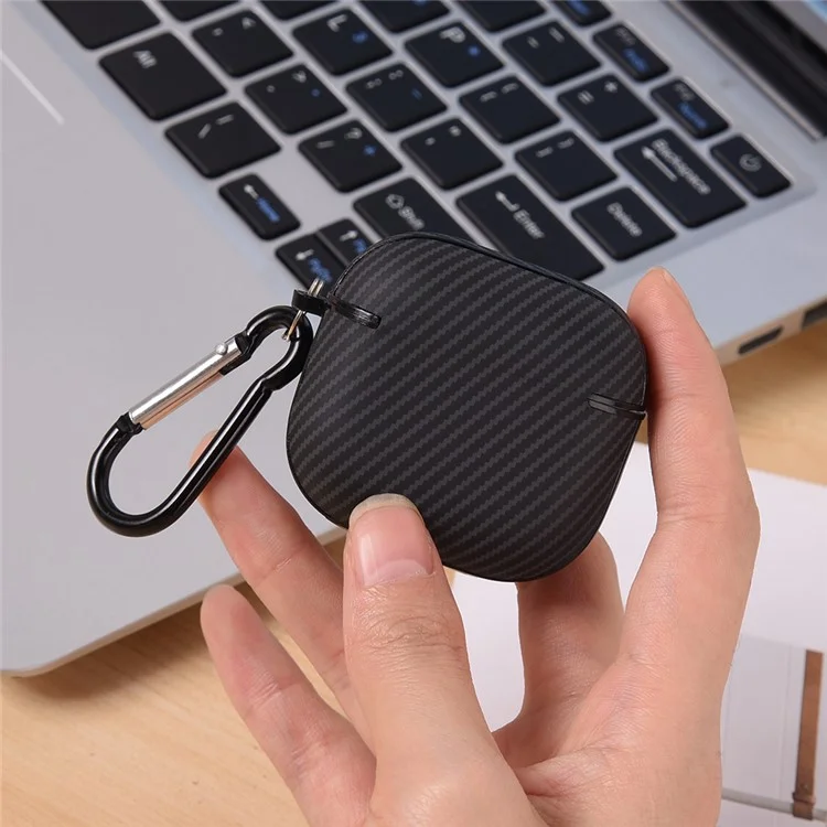 Чехол для AirPods 4 с текстурой из углеродного волокна, TPU и PU, защитная крышка для наушников с крючком - черный