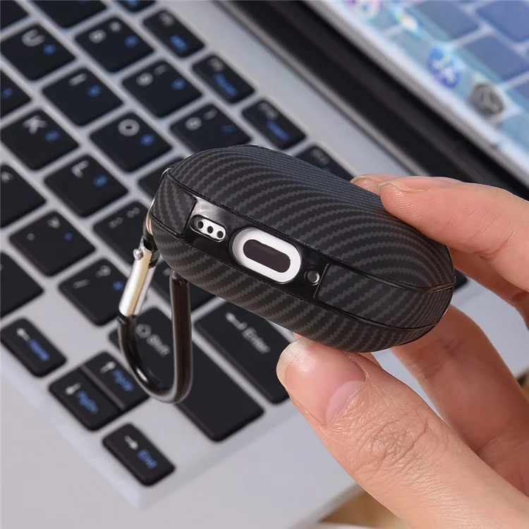 Чехол для AirPods 4 с текстурой из углеродного волокна, TPU и PU, защитная крышка для наушников с крючком - черный