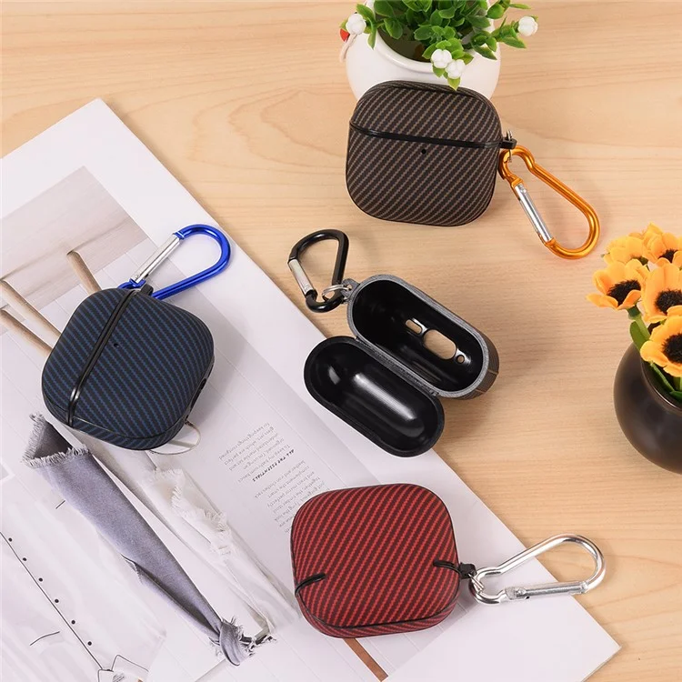 Чехол для AirPods 4 с текстурой из углеродного волокна, TPU и PU, защитная крышка для наушников с крючком - черный