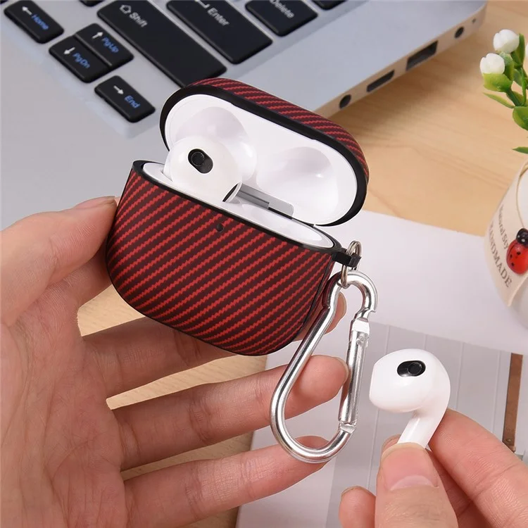 For AirPods 4 Case Carbon Fiber Texture TPU PU Earbuds Protective Cover with Hook - Rot