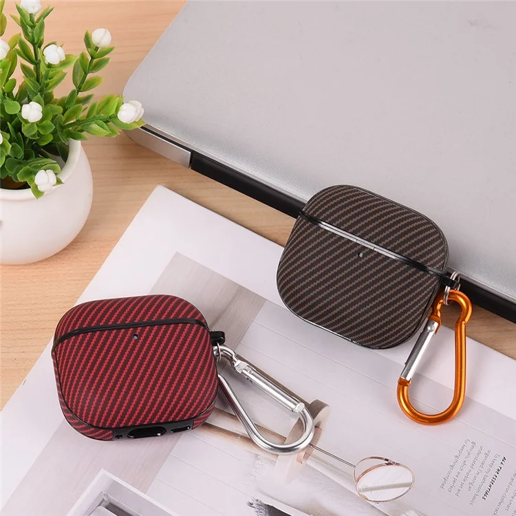 For AirPods 4 Case Carbon Fiber Texture TPU PU Earbuds Protective Cover with Hook - Rot