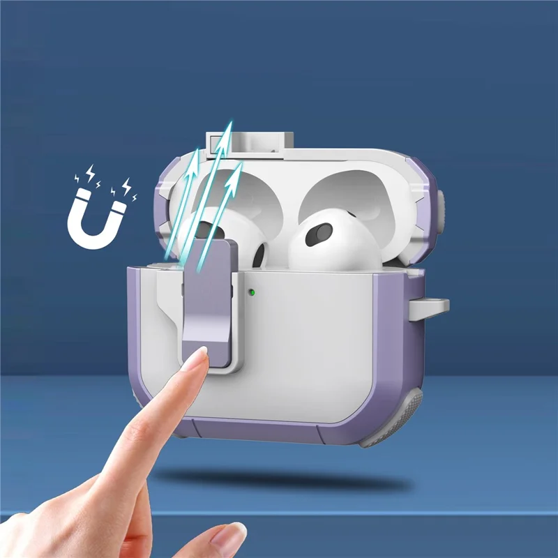 For Apple AirPods 3 Case with Switch Button TPU + PC Compatible with MagSafe Earphone Cover with Hook - White  /  Light Purple