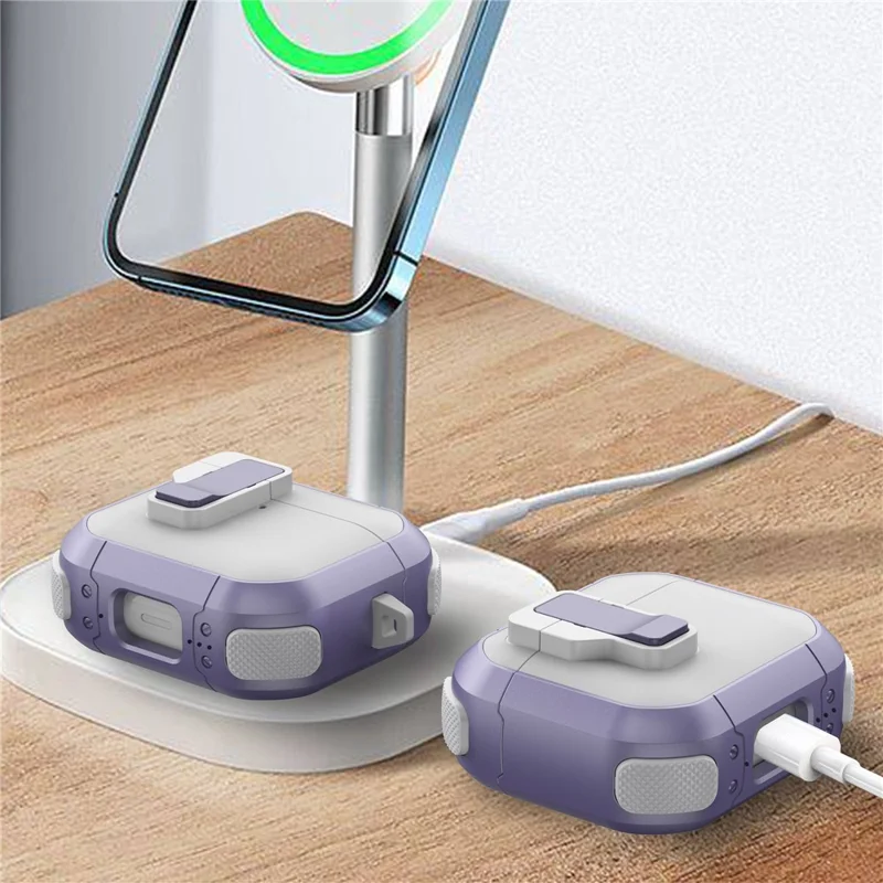 For Apple AirPods 3 Case with Switch Button TPU + PC Compatible with MagSafe Earphone Cover with Hook - White  /  Light Purple