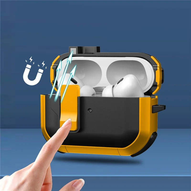 For Apple AirPods Pro Case with Switch Button TPU + PC Compatible with MagSafe Earphone Cover with Hook - Black  /  Yellow