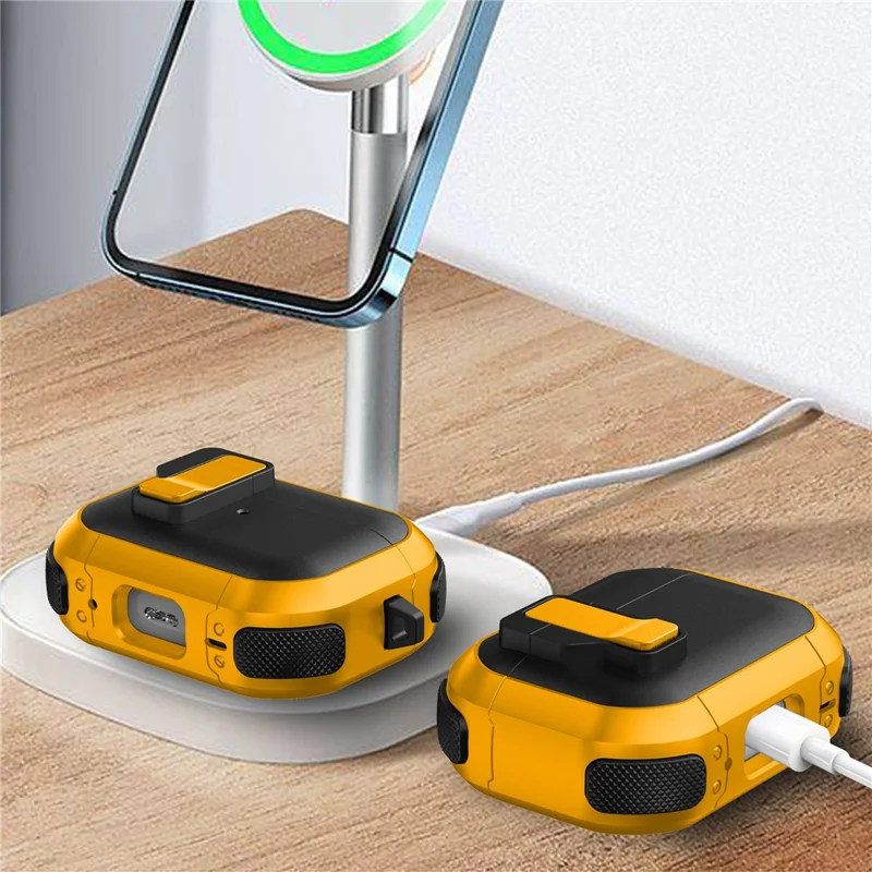 For Apple AirPods Pro Case with Switch Button TPU + PC Compatible with MagSafe Earphone Cover with Hook - Black  /  Yellow