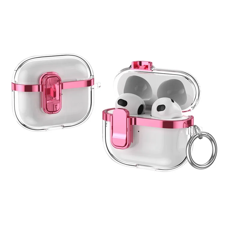 Custodia per AirPods 3 di Apple con fibbia di bloccaggio in TPU + cover per auricolari placcata in PC trasparente con gancio - Rosa