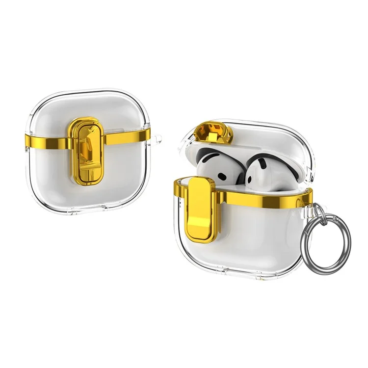 Custodia per AirPods 4 con fibbia di bloccaggio in TPU + PC, copertura per auricolari cromata trasparente con gancio - Oro