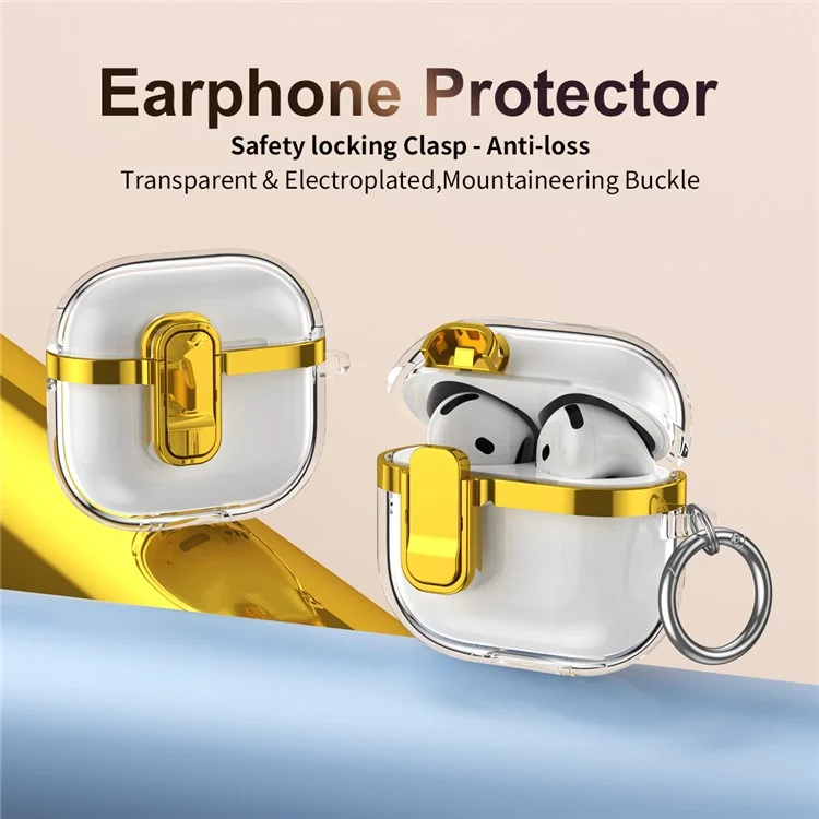 Custodia per AirPods 4 con fibbia di bloccaggio in TPU + PC, copertura per auricolari cromata trasparente con gancio - Oro