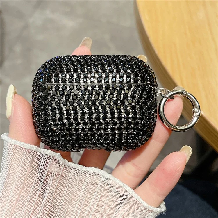 For Apple AirPods Pro Charging Case Cover Rhinestone Decor PC + TPU Protective Shell with Ring Buckle - Black