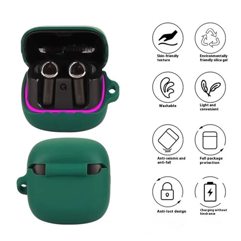 For JBL Quantum Beam TWS Bluetooth-compatible Earphones Case with Anti Lost Buckle Silicone Protective Cover - Blackish Green