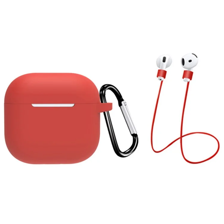 For AirPods 4 Earbuds Silicone Case with Earphones Anti-Lost Strap and Carabiner - Red