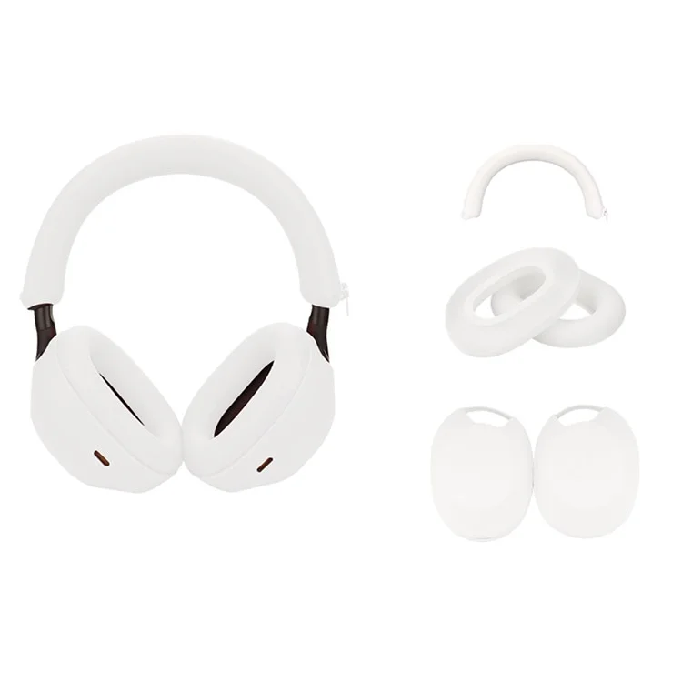 For Sony WH-1000XM5 Headphones Protection Set Headband Cover + Outer Earcup Cover + Earmuff Silicone Case - White