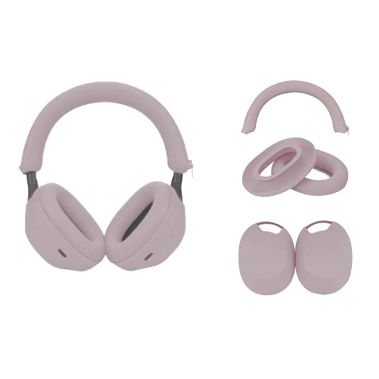 Ensemble de protection pour casque Sony WH-1000XM5 - Housse de bandeau + Housse d'oreillette extérieure + Étui en silicone pour coussinet d'oreille - Gris rose