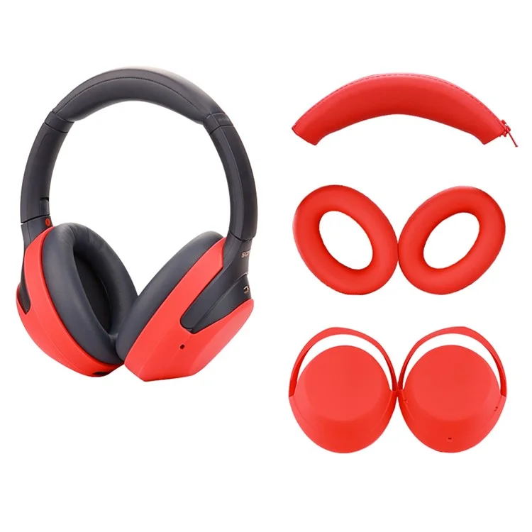 For Sony WH-1000XM3 / WH-1000XM4 Silicone Case Set with Headband Cover Headphone Protective Earpads Caps - Red