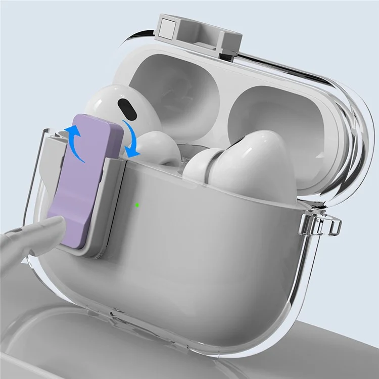 Für Apple AirPods Pro Hülle Kristallklar Automatischer Wechsel TPU + PC Kopfhörer Schutzhülle mit Haken - Lila