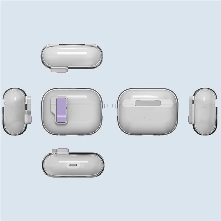Für Apple AirPods Pro Hülle Kristallklar Automatischer Wechsel TPU + PC Kopfhörer Schutzhülle mit Haken - Lila