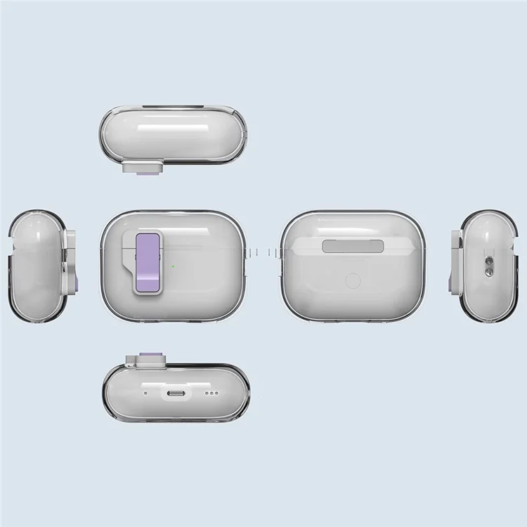 Чехол для AirPods Pro 2 прозрачный кристальный с автоматическим переключением TPU + PC с крючком - Фиолетовый