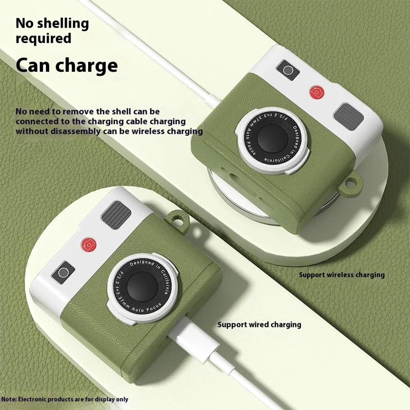 For Apple AirPods 3 Bluetooth-compatible Earphone Case Retro Camera Silicone Protective Cover with Carabiner - Green