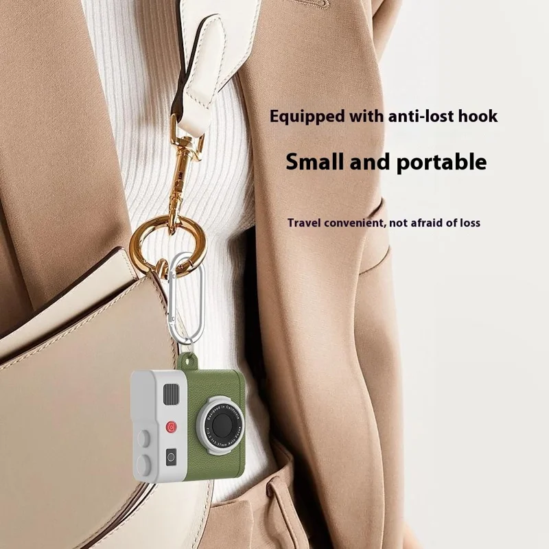 For Apple AirPods 3 Bluetooth-compatible Earphone Case Retro Camera Silicone Protective Cover with Carabiner - Green