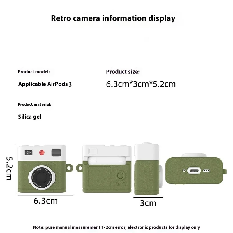 For Apple AirPods 3 Bluetooth-compatible Earphone Case Retro Camera Silicone Protective Cover with Carabiner - Green