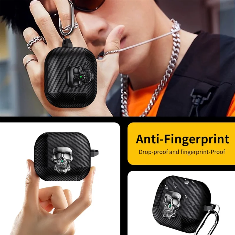 For Samsung Galaxy Buds3 Pro  /  Buds3 Protective Case Skull Design Snap Switch TPU + Metal Earphone Cover with Carabiner - Black