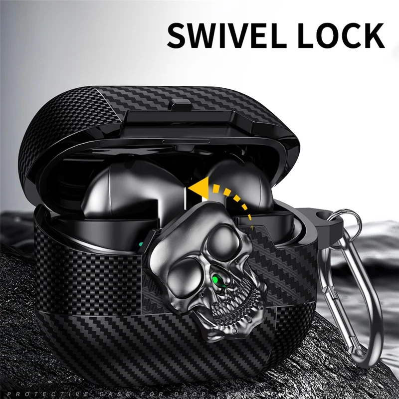 For Samsung Galaxy Buds3 Pro  /  Buds3 Protective Case Skull Design Snap Switch TPU + Metal Earphone Cover with Carabiner - Black